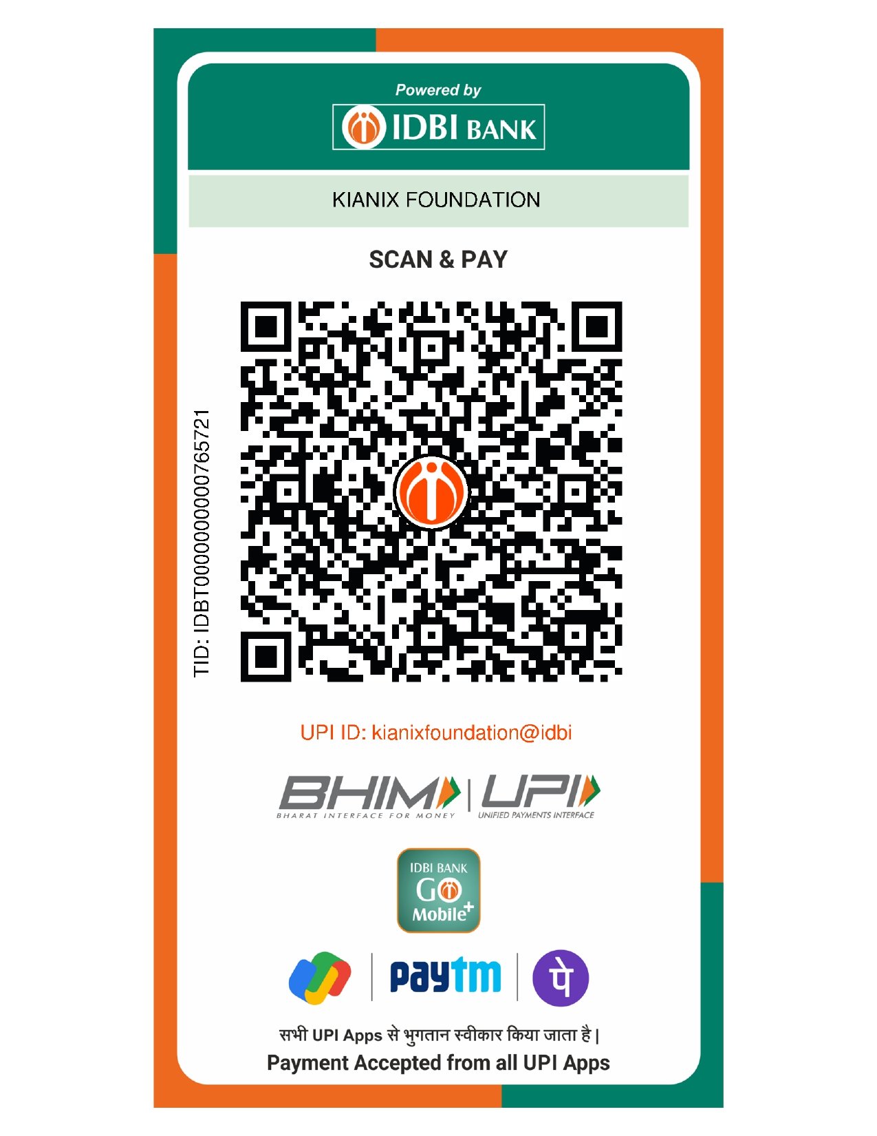 Kianix Foundation IDBI UPI QR Code